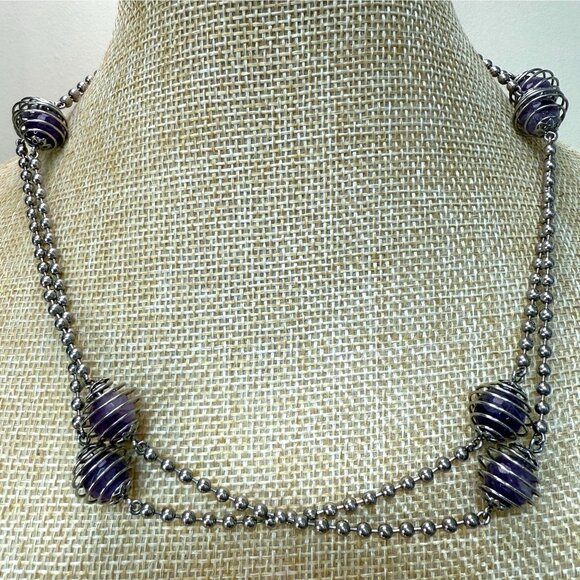 Vintage MILOR Italy Necklace With Caged Faceted Purple Amethyst Beads On Stainle - Picture 1 of 13